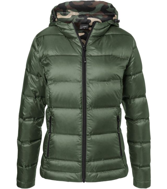 Damen Kapuzen Daunenjacke, olive/camouflage