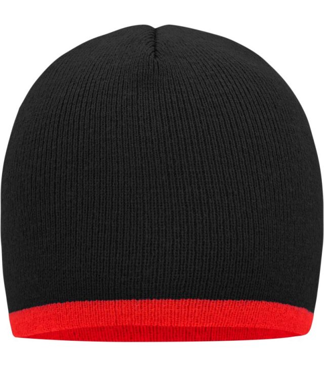 Strick Beanie mit Kontraststreifen, black/red