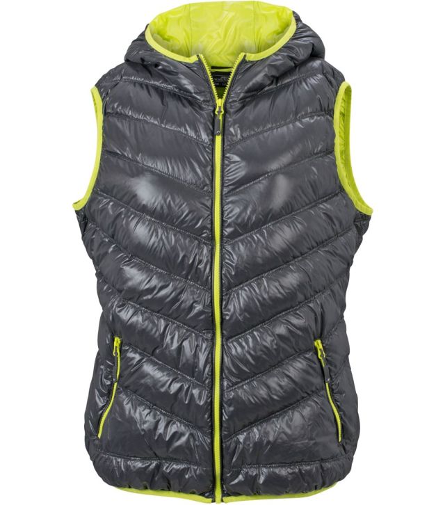 Leichter Damen Daunen Kapuzen Bodywarmer, carbon/acid yellow